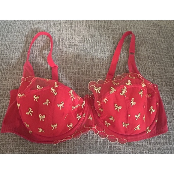 Adore Me Red Lace Gold Bow 42DD Underwire Bra - Picture 1 of 7